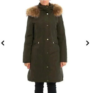 Michael Kors Knee Length Insulated Parka Jacket Coat Olive Green Racoon Hood Fur